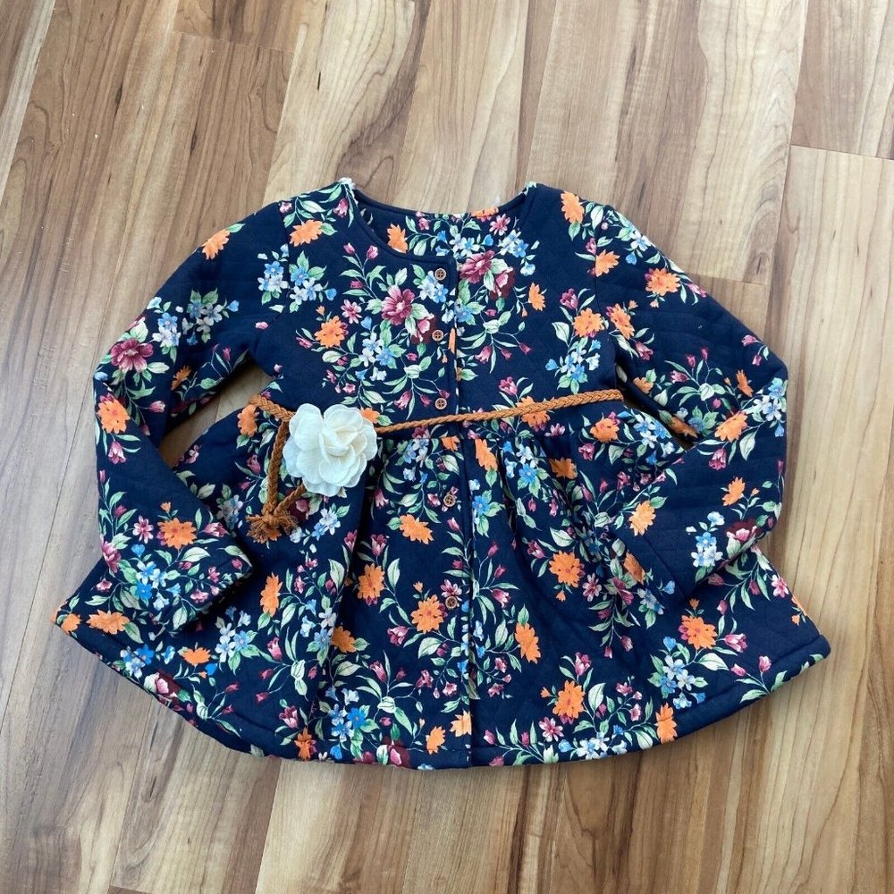 Girl Furry Floral Navy Blue Dress Style Winter Jacket Cottagecore Size: 140 cm
